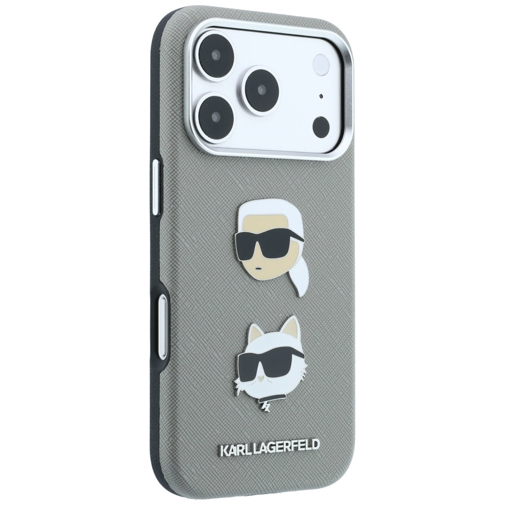 Hoesje voor Apple iPhone 18 Pro Max / 17 Pro Max, Karl Lagerfeld, Saffiano met Karl & Choupette Head's Pin en logo, grijs
