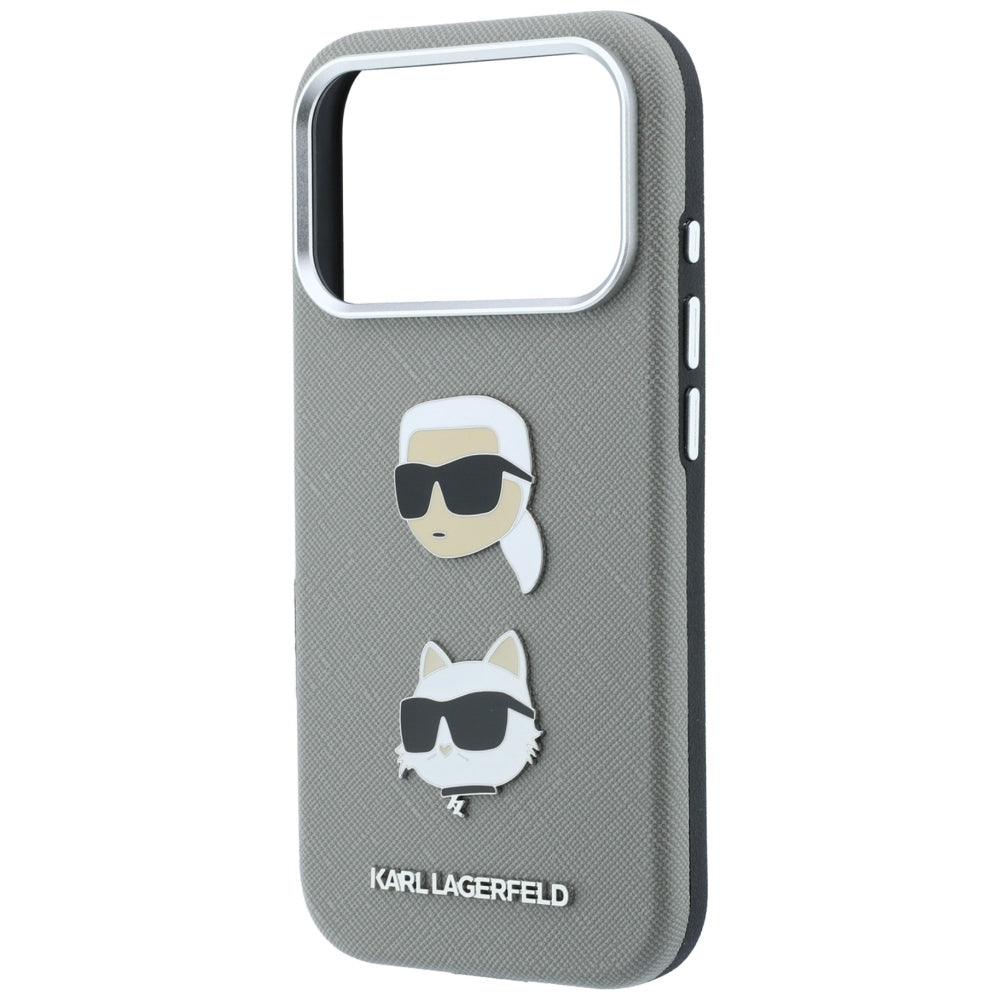 Hoesje voor Apple iPhone 18 Pro Max / 17 Pro Max, Karl Lagerfeld, Saffiano met Karl & Choupette Head's Pin en logo, grijs