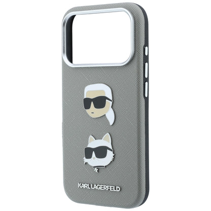 Hoesje voor Apple iPhone 18 Pro Max / 17 Pro Max, Karl Lagerfeld, Saffiano met Karl & Choupette Head's Pin en logo, grijs