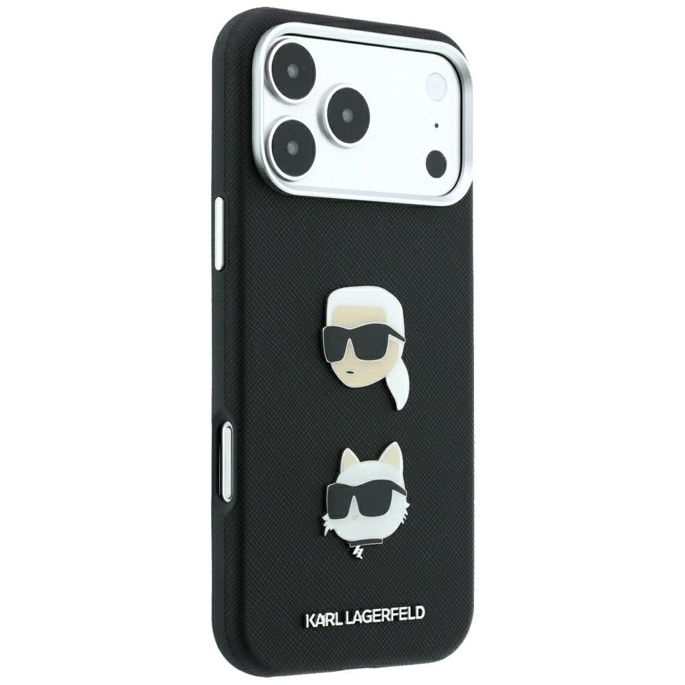 Hoes voor Apple iPhone 18 Pro Max / 17 Pro Max, Karl Lagerfeld, Saffiano met Karl & Choupette Head's Pin en Logo, Zwart