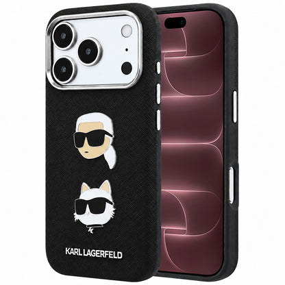Hoes voor Apple iPhone 18 Pro Max / 17 Pro Max, Karl Lagerfeld, Saffiano met Karl & Choupette Head's Pin en Logo, Zwart