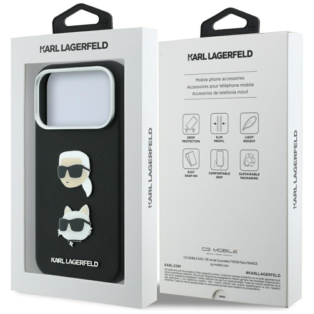 Hoes voor Apple iPhone 18 Pro Max / 17 Pro Max, Karl Lagerfeld, Saffiano met Karl & Choupette Head's Pin en Logo, Zwart