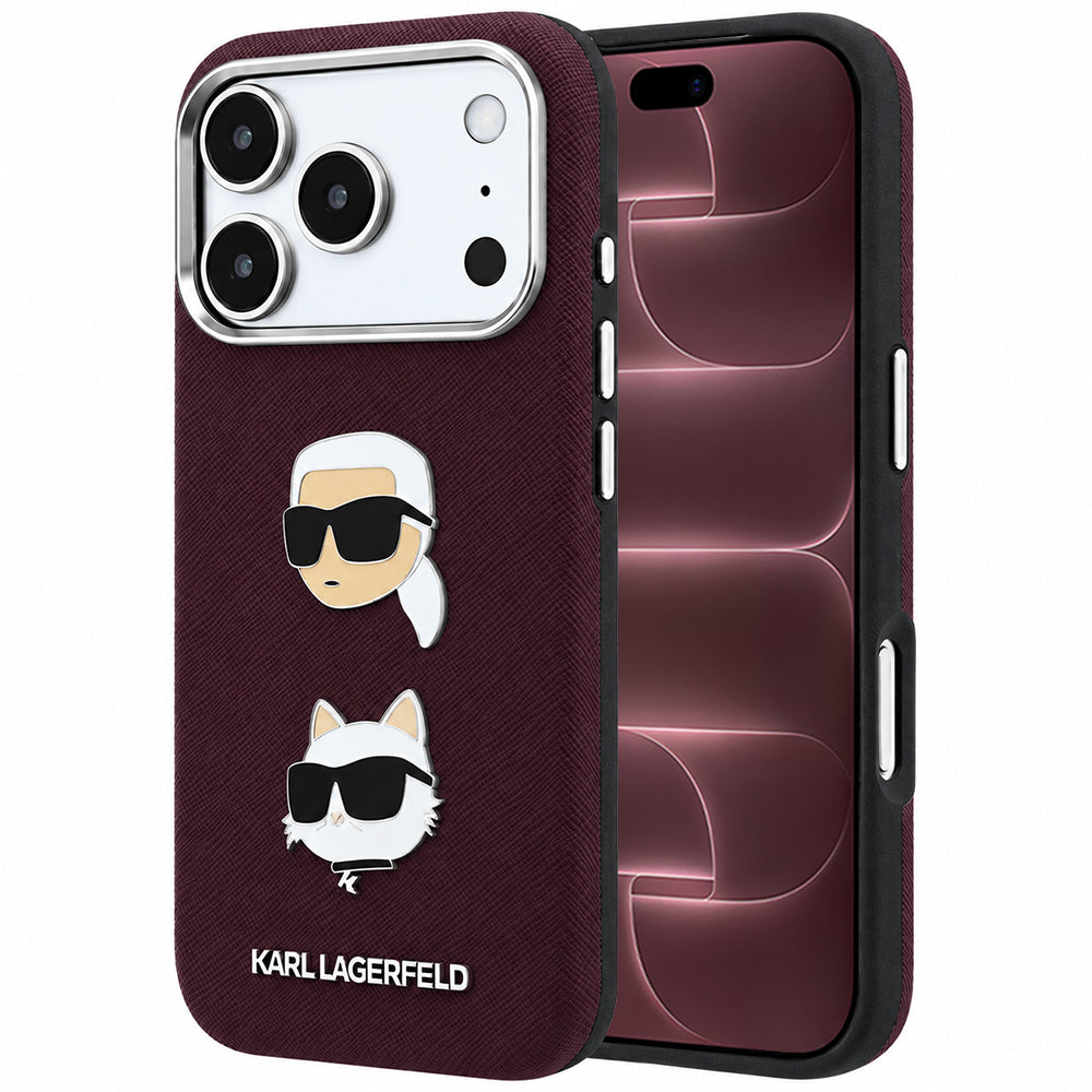 Hülle für Apple iPhone 18 Pro Max / 17 Pro Max, Karl Lagerfeld, Saffiano mit Karl & Choupette Kopf-Pin und Logo, Weinrot