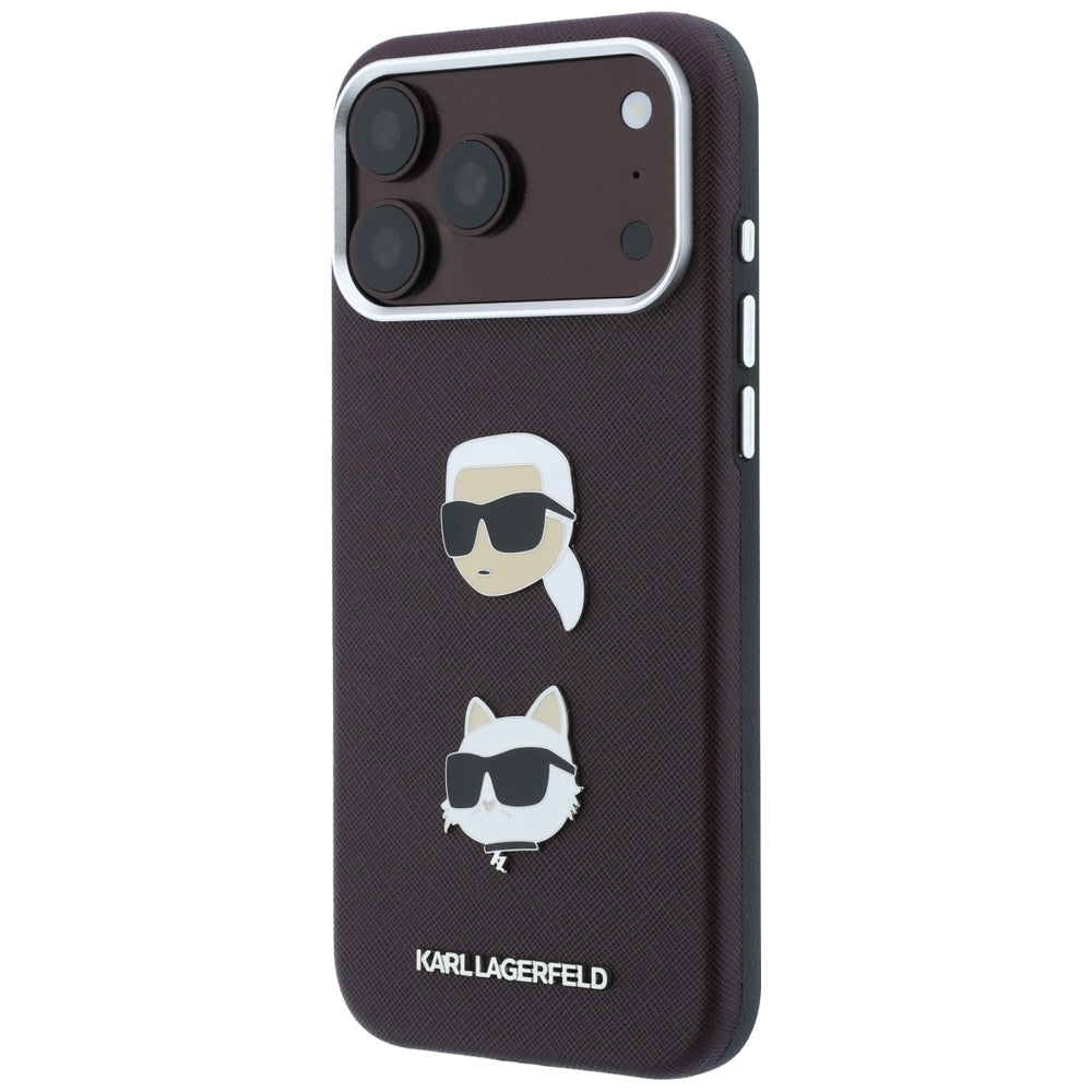 Hülle für Apple iPhone 18 Pro Max / 17 Pro Max, Karl Lagerfeld, Saffiano mit Karl & Choupette Kopf-Pin und Logo, Weinrot