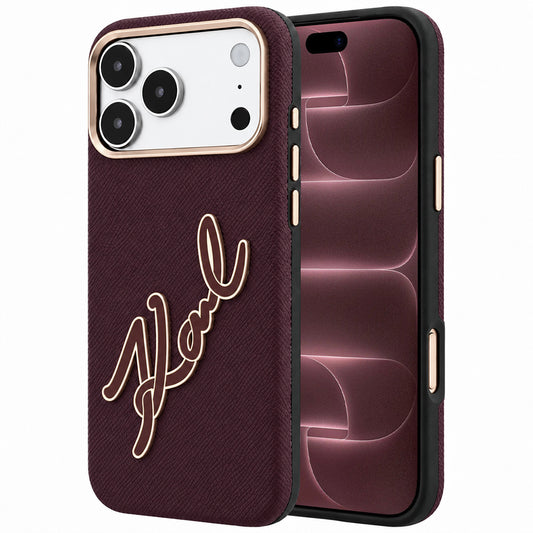 Hülle für Apple iPhone 18 Pro Max / 17 Pro Max, Karl Lagerfeld, glattes großes Harz-Signatur-Logo, Weinrot