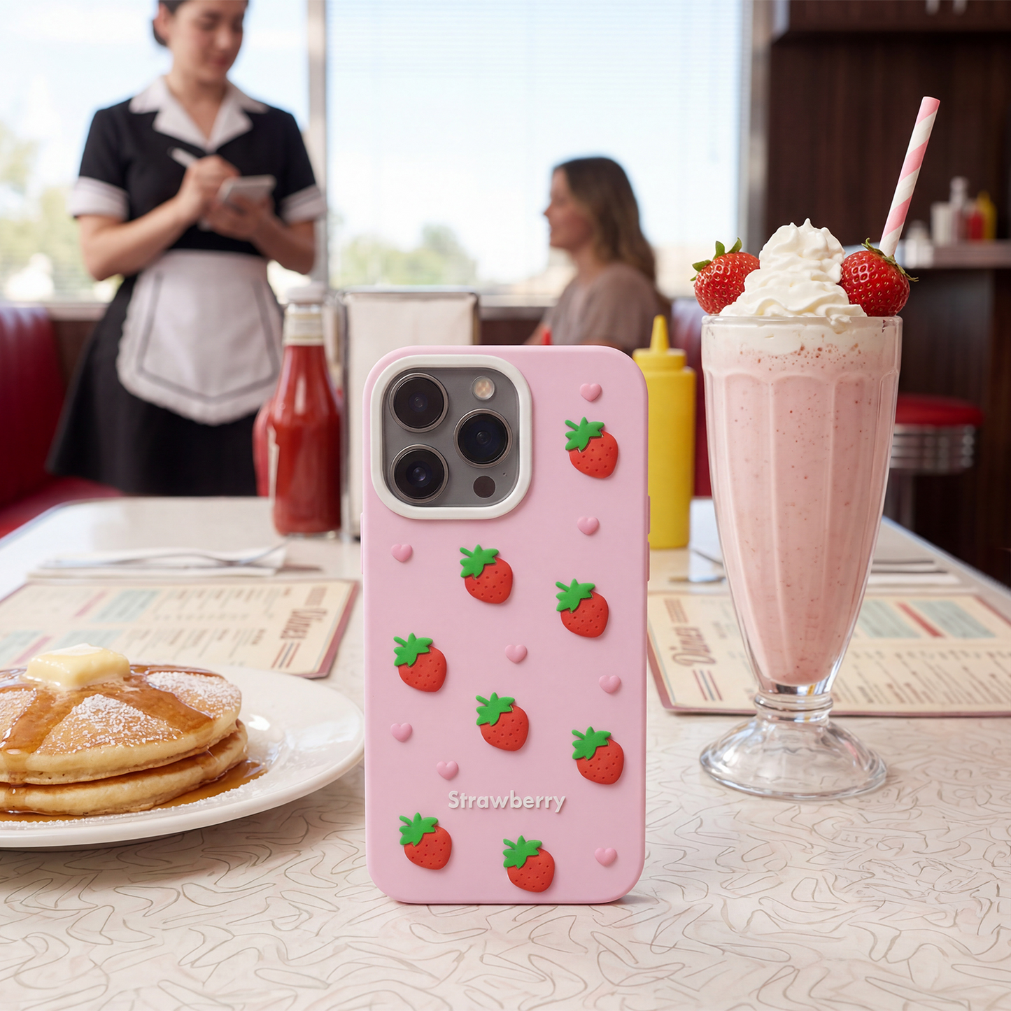 Hoesje voor Apple iPhone 15 / 14 / 13, OEM, Aardbei, Roze