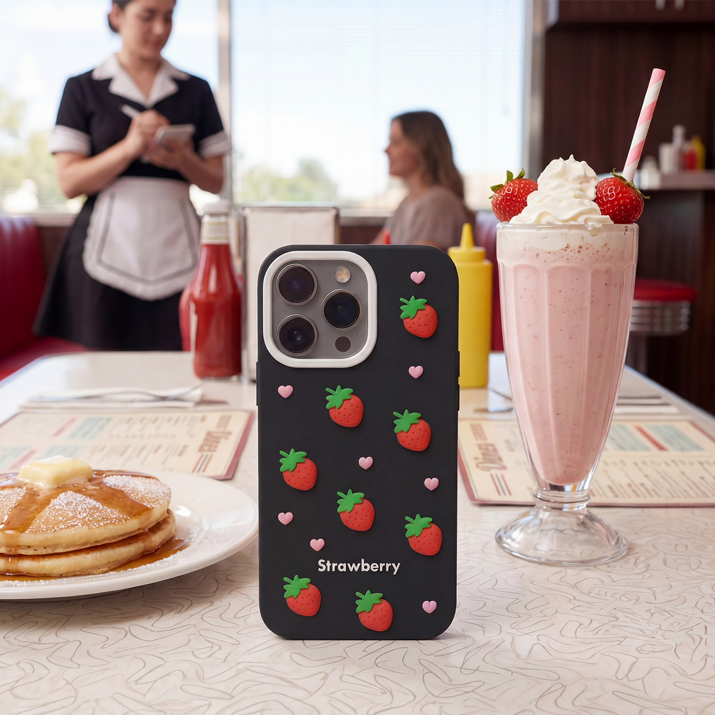 Case for Apple iPhone 15 / 14 / 13, OEM, Strawberry, Black