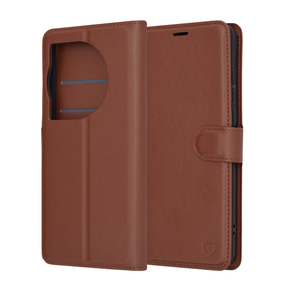 Hülle für OnePlus 12, Techsuit, Leder-Folio, Braun