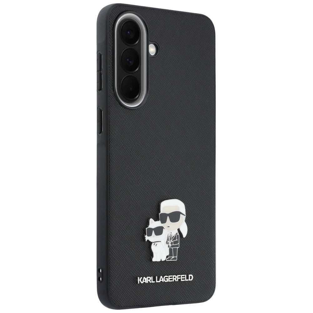 Coque pour Samsung Galaxy A37 5G, Karl Lagerfeld, Saffiano Karl & Choupette Metal, Noire