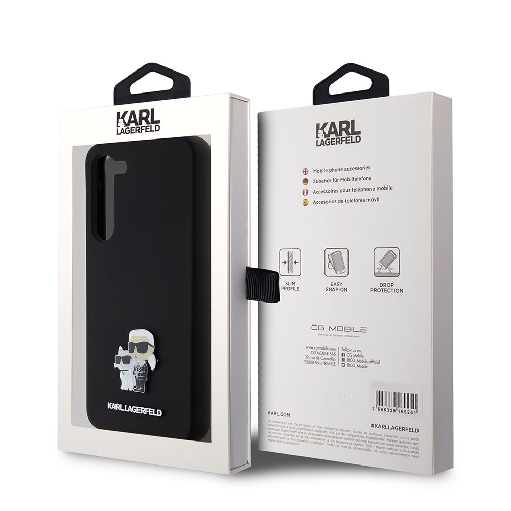 Hoes voor Samsung Galaxy S23+ S916, Karl Lagerfeld, Silicone Karl & Choupette Metal, Zwart