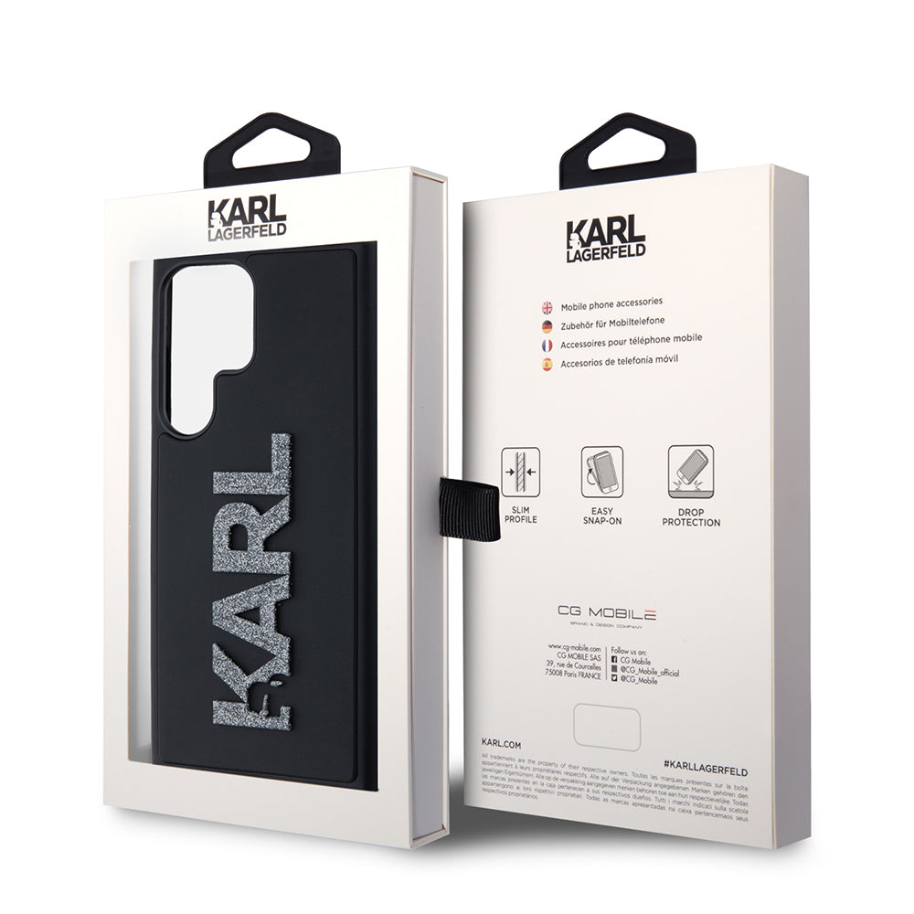 Étui pour Samsung Galaxy S23 Ultra S918, Karl Lagerfeld, Logo Pailleté en Caoutchouc 3D, Noir