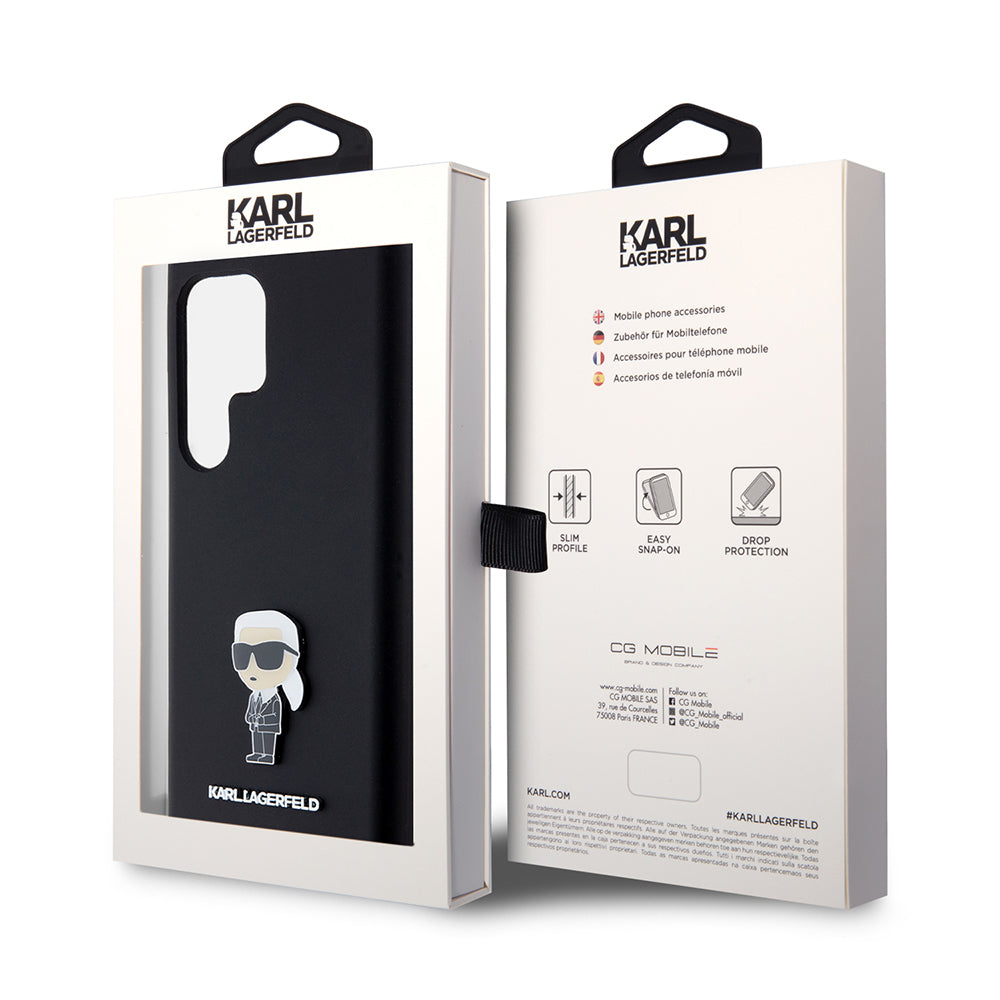Hoes voor Samsung Galaxy S23 Ultra S918, Karl Lagerfeld, Silicone Ikonik Karl Metal, Zwart
