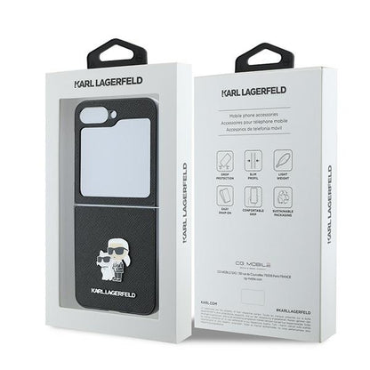 Case for Samsung Galaxy Z Flip7 FE F761 / Z Flip6 F741, Karl Lagerfeld, Saffiano Karl & Choupette Metal, Black