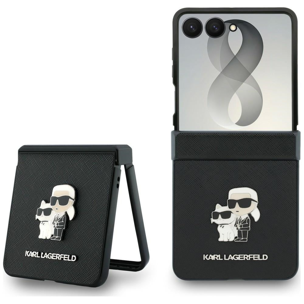 Coque pour Samsung Galaxy Z Flip8 F776, Karl Lagerfeld, Saffiano Karl & Choupette Metal Pin, Noire
