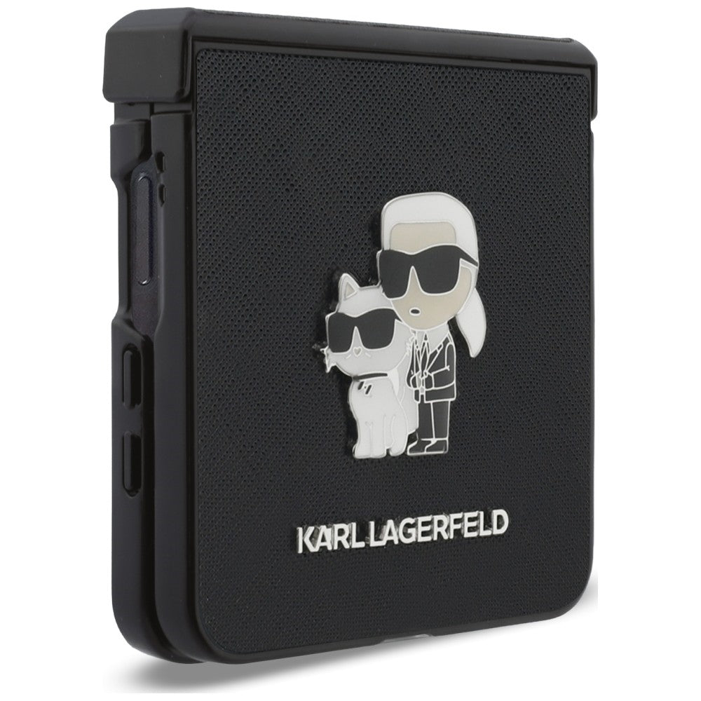 Coque pour Samsung Galaxy Z Flip8 F776, Karl Lagerfeld, Saffiano Karl & Choupette Metal Pin, Noire