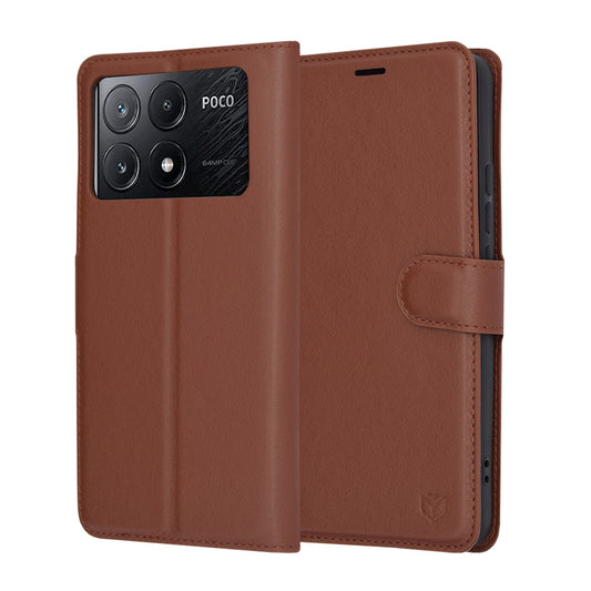 Hülle für Xiaomi Poco X6 Pro, Techsuit, Leder-Folio, Braun