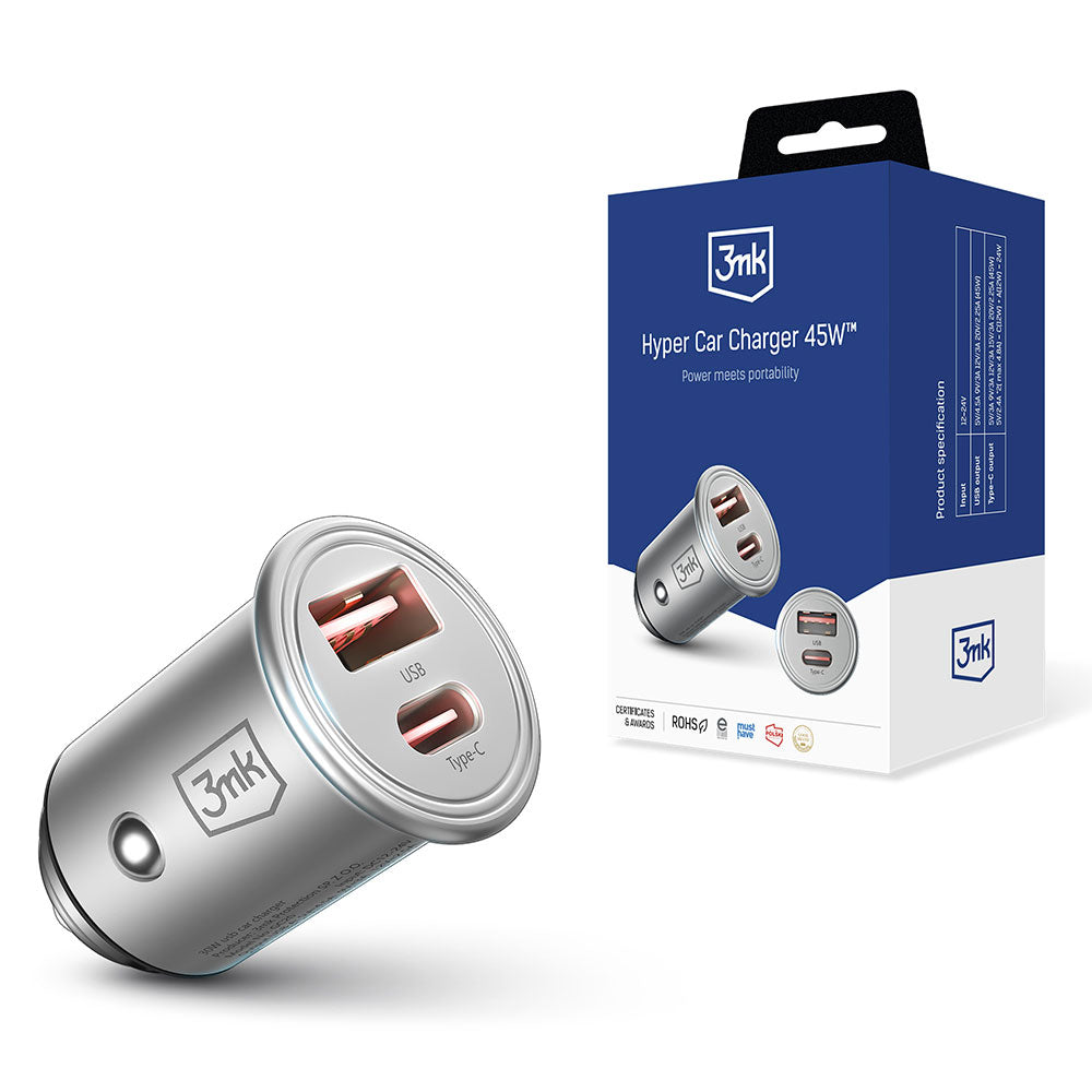 Chargeur de voiture 3MK Hyper, 45W, 3A, 1 x USB-A - 1 x USB-C, Argent 