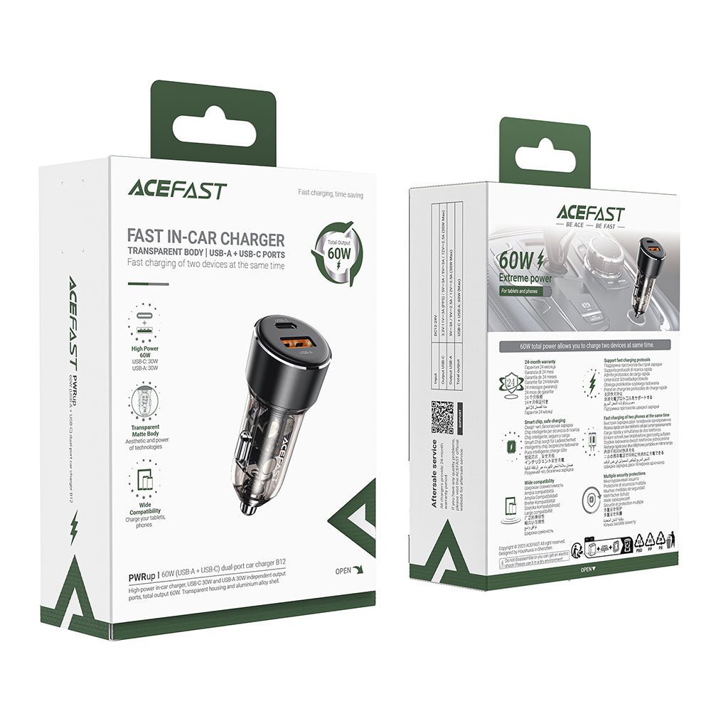 Auto-oplader Acefast B12, 60W, 3A, 1 x USB-A - 1 x USB-C, Zwart