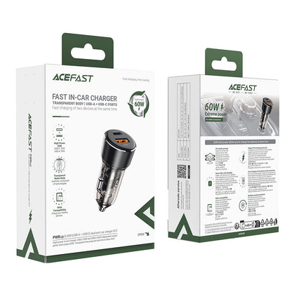 Auto-oplader Acefast B12, 60W, 3A, 1 x USB-A - 1 x USB-C, Zwart