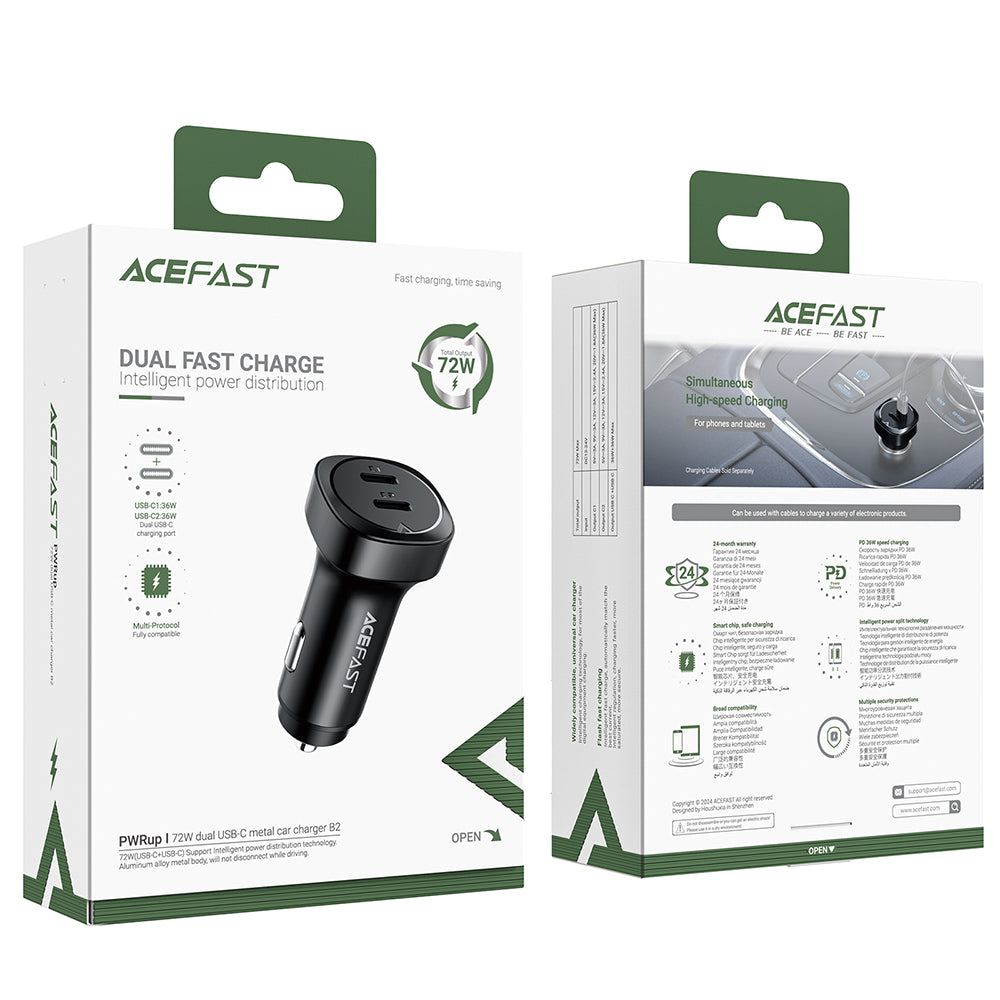 Auto Oplader Acefast B2, 72W, 3A, 2 x USB-C, Zwart