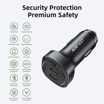 Auto Oplader Acefast B2, 72W, 3A, 2 x USB-C, Zwart