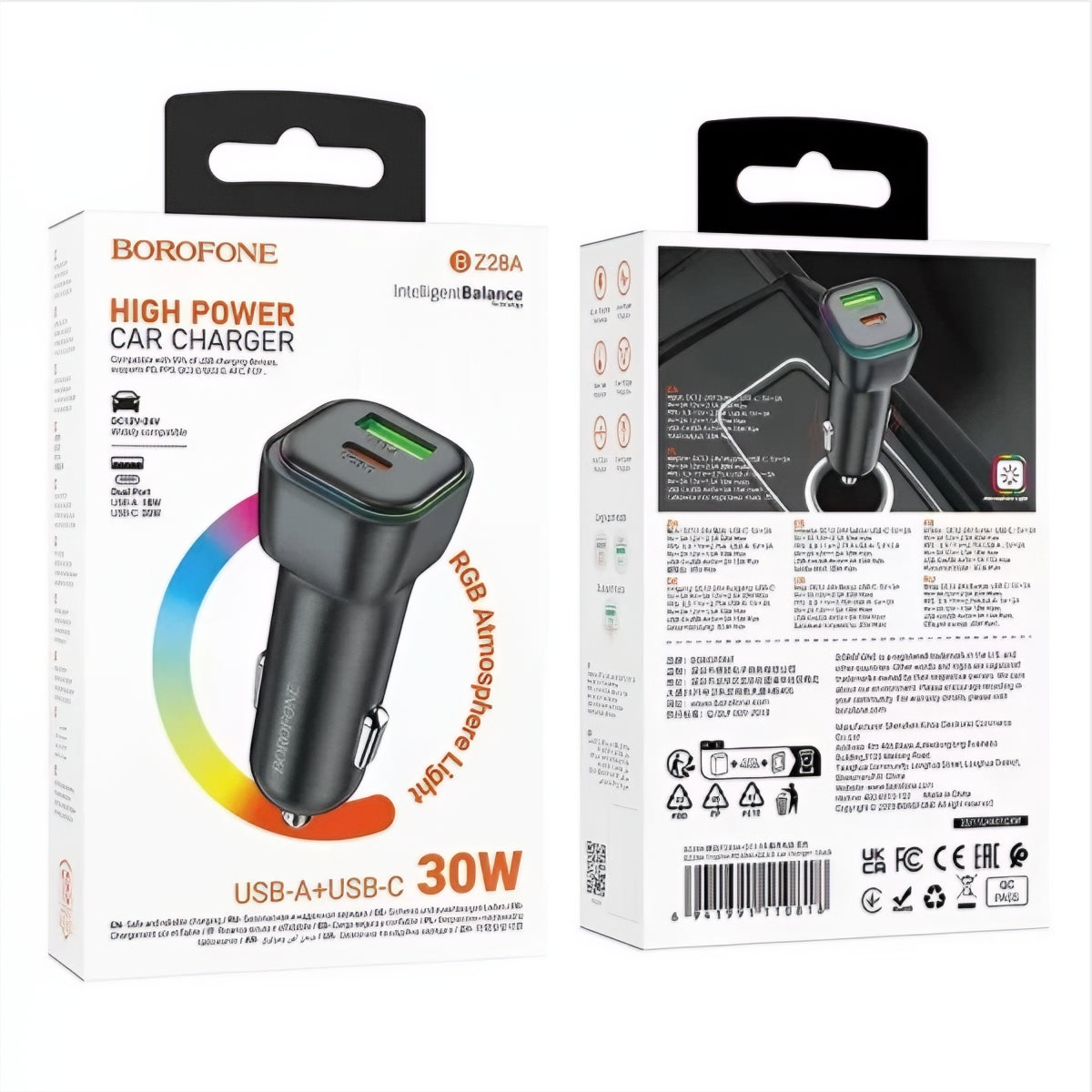 Auto-oplader Borofone BZ28A Trophie, 30W, 3A, 1 x USB-A - 1 x USB-C, Zwart