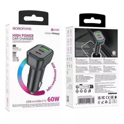Auto-oplader Borofone BZ28C Trophie, 60W, 3A, 1 x USB-A, 2 x USB-C, Zwart