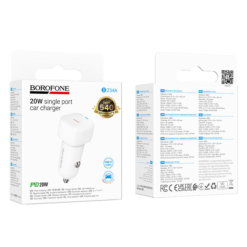 Auto-oplader Borofone BZ34A Cloud, 20W, 3A, 1 x USB-C, Wit