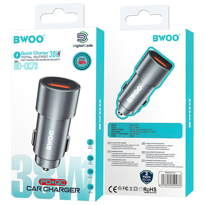 Autolader BWOO BO-CC73, 38W, 3A, 1 x USB-A - 1 x USB-C, Zilver 