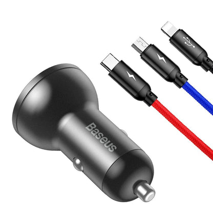 Autolader met Lightning - microUSB - USB-C kabel Baseus Digitaal scherm, 24W, 2,4A, 2 x USB-A, Grijs TZCCBX-0G