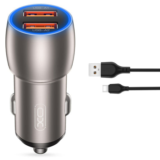 Autolader met USB-C kabel XO Design CC52, 36W, 3A, 2 x USB-A, Grijs 