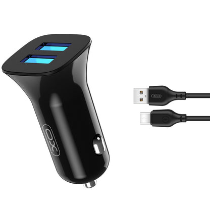 Chargeur de voiture avec câble USB-C XO Design TZ10, 12W, 2,4A, 2 x USB-A, noir 