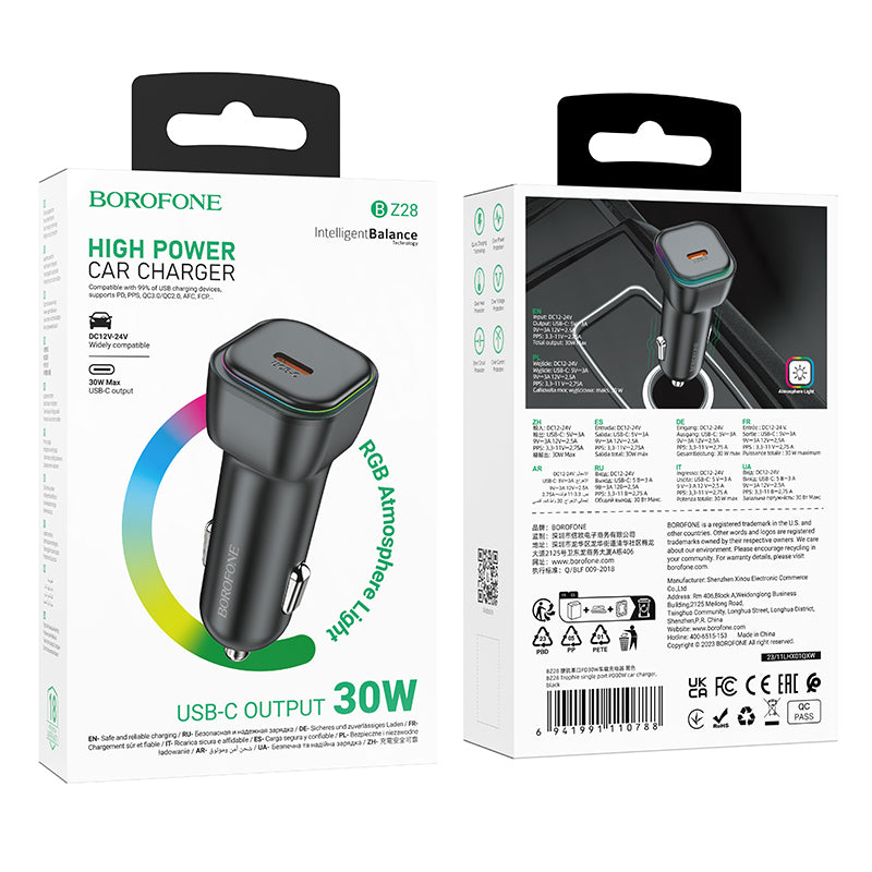 Chargeur de voiture avec câble Lightning Borofone BZ28 Trophie, 30W, 3A, 1 x USB-C, noir 