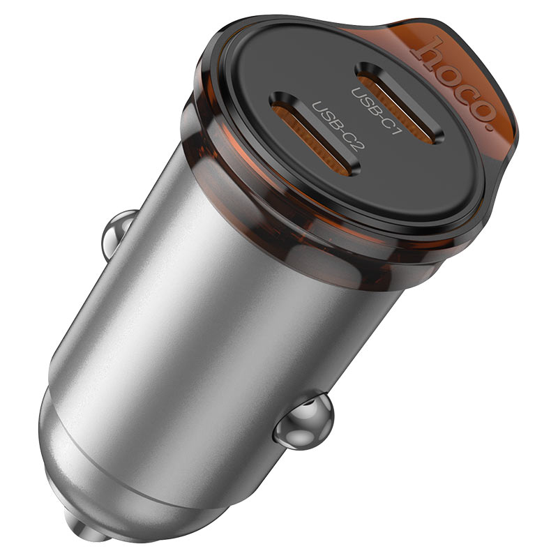 Autolader met Lightning Kabel HOCO NZ16B, 45W, 3A, 2 x USB-C, Gri