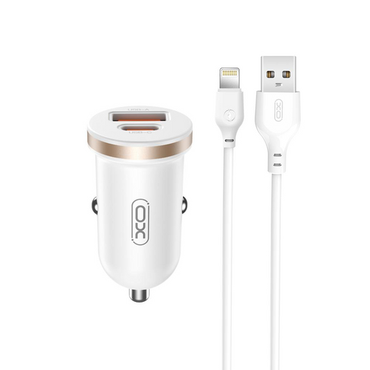 Autolader met Lightning Kabel XO Design CC56, 30W, 3A, 1 x USB-A - 1 x USB-C, Wit