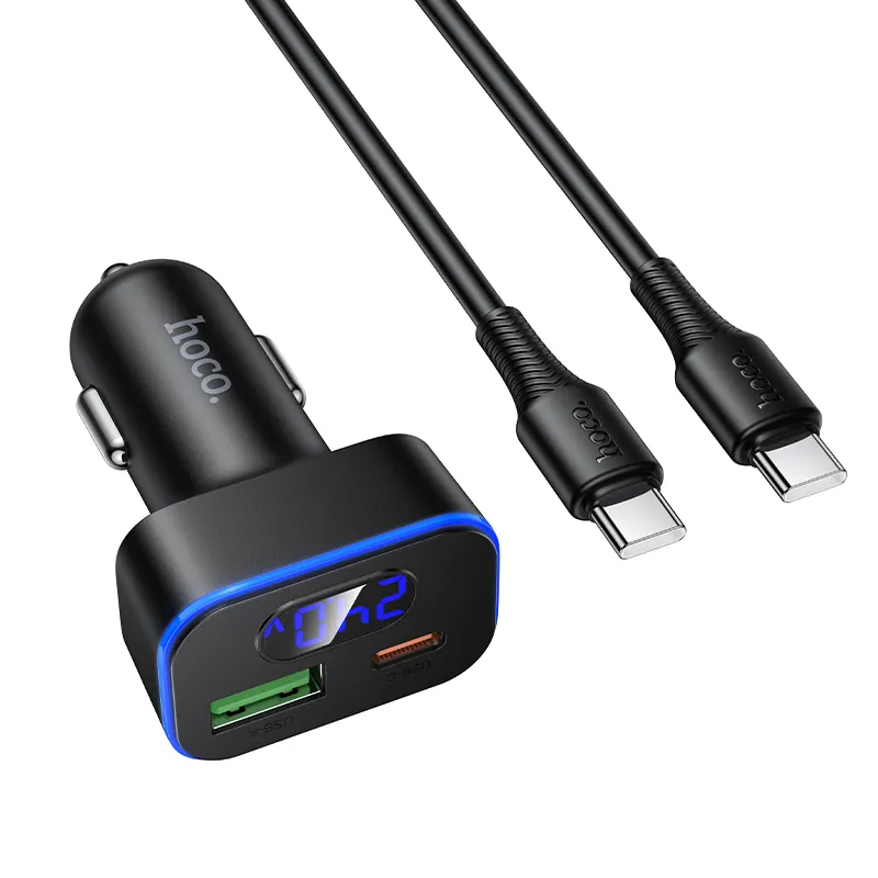 Chargeur de voiture avec câble USB-C HOCO Z63B Display, 48W, 3A, 1 x USB-A - 1 x USB-C, Noir