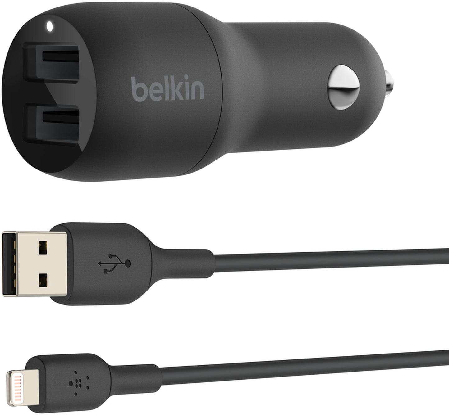 Auto-Ladegerät mit Lightning-Kabel Belkin BoostCharge Dual, 24W, 2,4A, 2 x USB-A, Schwarz CCD001bt1MBK