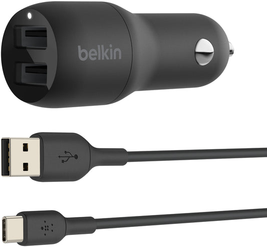 Autolader met USB-C-kabel Belkin BoostCharge Dual, 24W, 2.4A, 2 x USB-A, Zwart CCE001bt1MBK