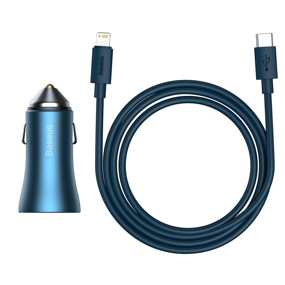 Autolader met Lightning-kabel Baseus Golden Contactor, 40W, 3A, 1 x USB-A - 1 x USB-C, Blauw TZCCJD-03