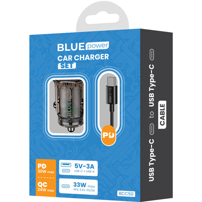 Autolader met USB-C kabel BLUE Power BCC50, 33W, 3A, 1 x USB-A - 1 x USB-C, Zwart