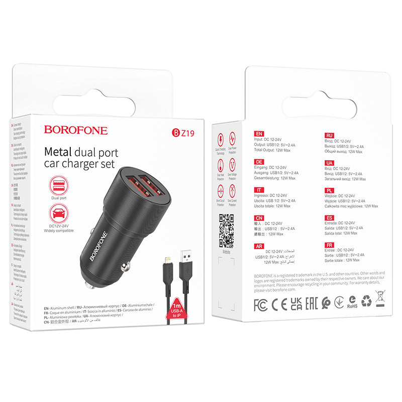 Chargeur de voiture avec câble Lightning Borofone BZ19 Wisdom, 12W, 2.4A, 2 x USB-A, Noir 