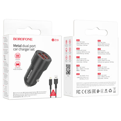 Chargeur de voiture avec câble Lightning Borofone BZ19 Wisdom, 12W, 2.4A, 2 x USB-A, Noir 