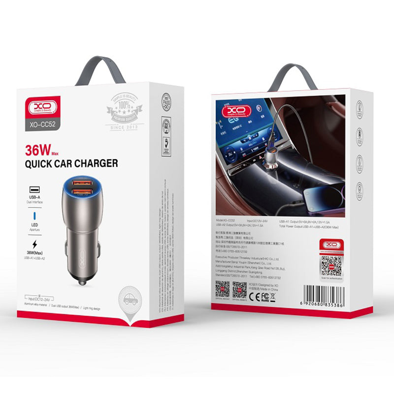 Chargeur de voiture avec câble USB-C XO Design CC52, 36W, 3A, 2 x USB-A, gris 