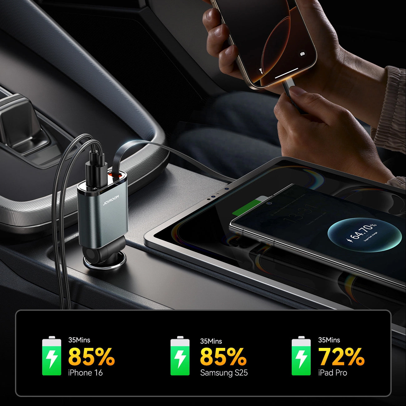 Chargeur de voiture avec câble USB-C Joyroom JR-CCL07, 30W, 3A, 1 x USB-A - 1 x USB-C, Gris