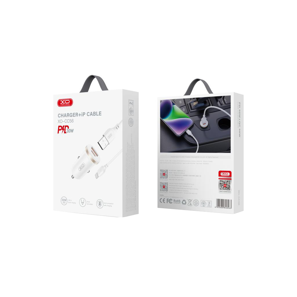 Autolader met Lightning Kabel XO Design CC56, 30W, 3A, 1 x USB-A - 1 x USB-C, Wit