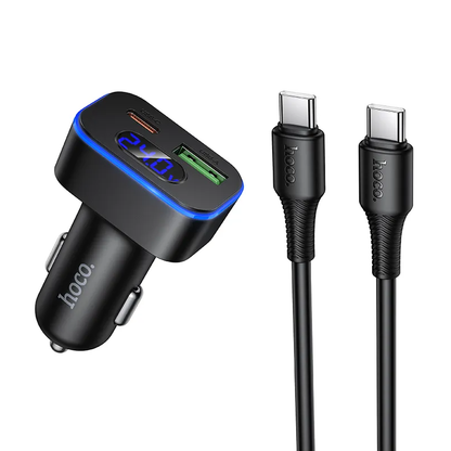 Chargeur de voiture avec câble USB-C HOCO Z63B Display, 48W, 3A, 1 x USB-A - 1 x USB-C, Noir