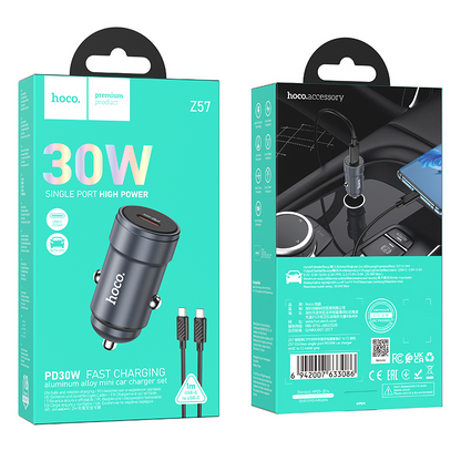 Autolader met USB-C-kabel HOCO Z57, 30W, 3A, 1 x USB-C, Grijs
