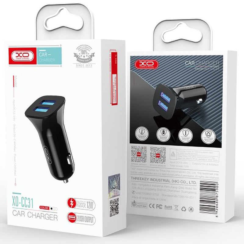 Chargeur de voiture avec câble USB-C XO Design TZ10, 12W, 2,4A, 2 x USB-A, noir 