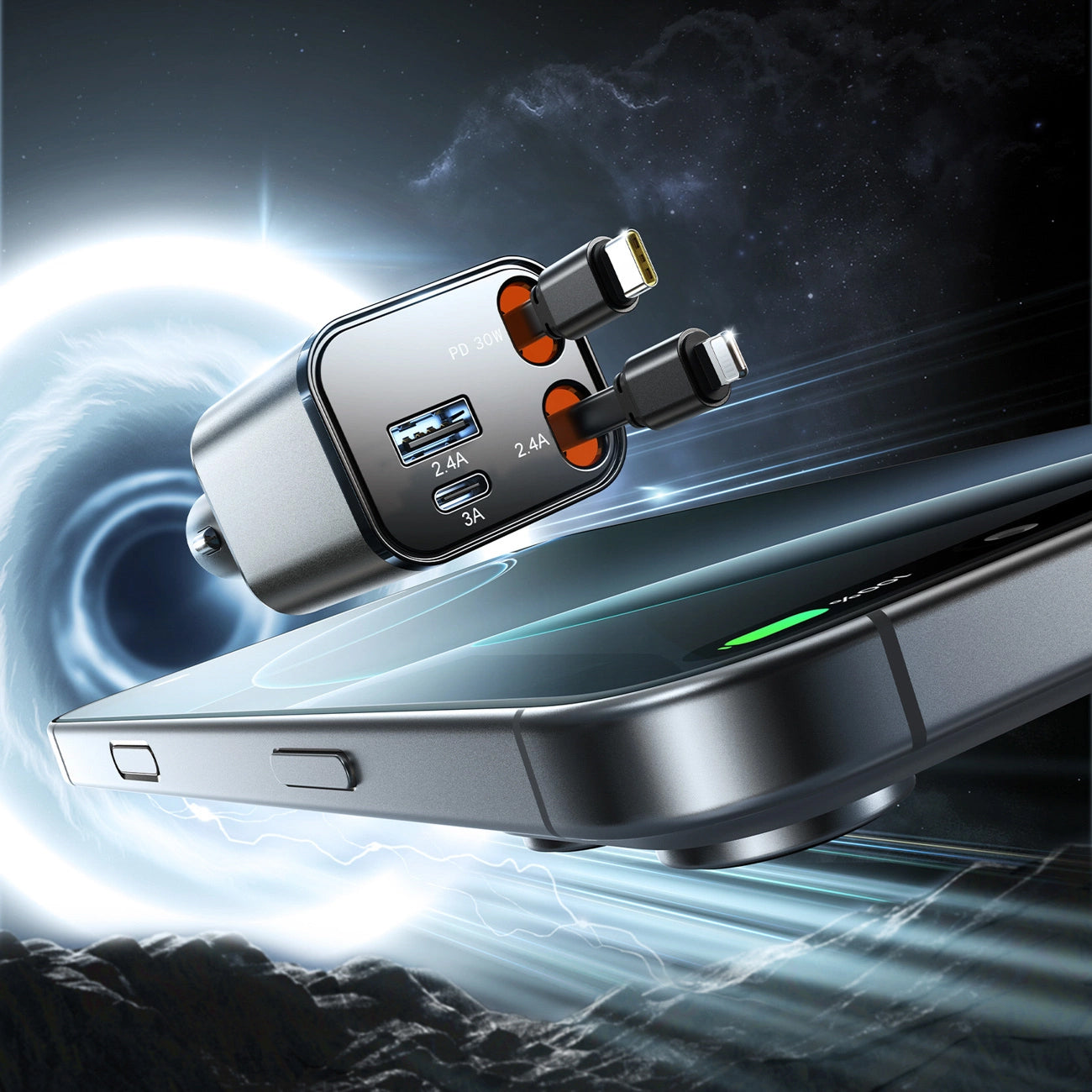 Autolader met USB-C / Lightning Kabel Joyroom JR-CCL05, 30W, 3A, 1 x USB-A - 1 x USB-C, Gri