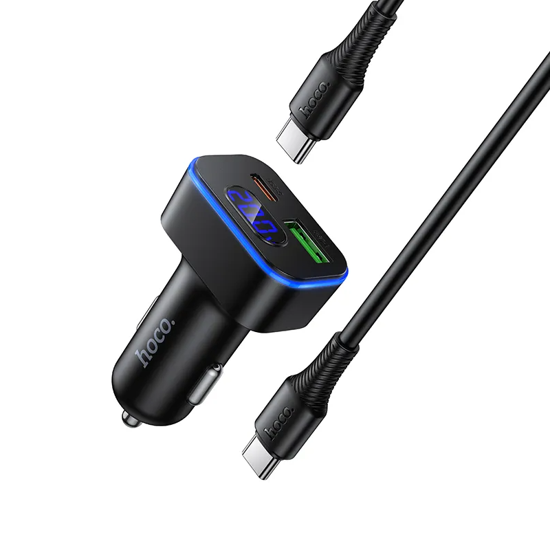Chargeur de voiture avec câble USB-C HOCO Z63B Display, 48W, 3A, 1 x USB-A - 1 x USB-C, Noir